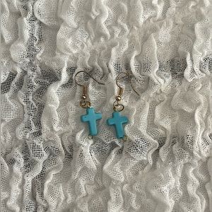 Handmade Teal and gold cross dangle earrings